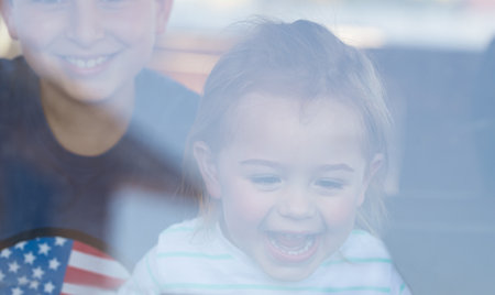 Happy Kids Playing in Dads Carの写真素材