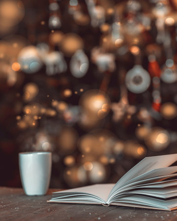 Cozy Winter at Home with a Book and a Coffee next to a beautiful Christmas Treeの写真素材
