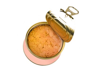 open tin of pink tunafishの写真素材