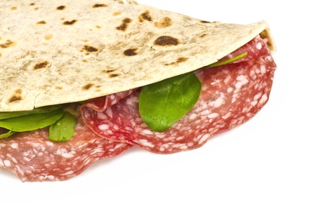 Piadina Romagnola-Tortilla with salami and salad の写真素材