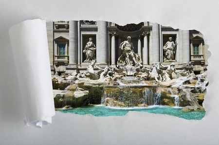 Torn Paper with Trevi fountain Rome Italyの写真素材