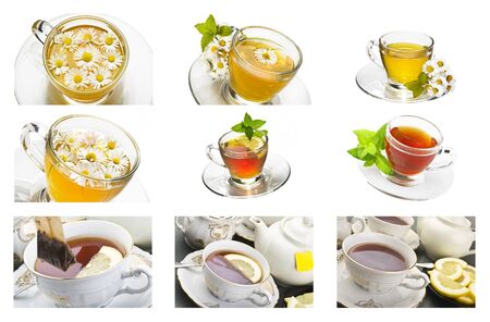 Collage of chamomille and tea close up shootの写真素材