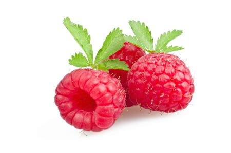 ripe red raspberry with leaves on white background