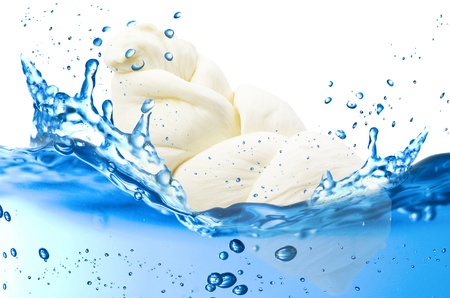 Mozzarella splash in the water on the white backgroundの写真素材