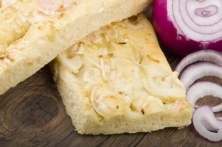focaccia with onions rings Italian bread appetizerの写真素材