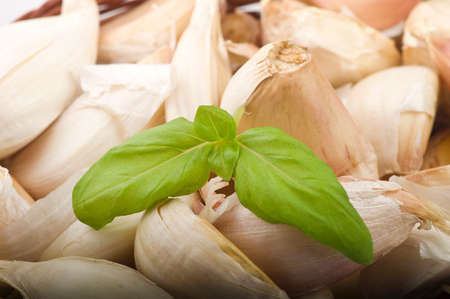 wicker basket with group of garlic clovesの写真素材