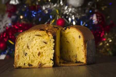 Panettone, sweet typical Italian Christmas on holiday backgroundの写真素材