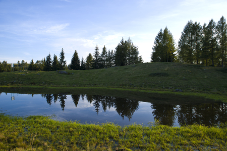 Lake with mountain forest landscape-Monte Avaro-Alpi Orobieの写真素材