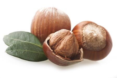 shelled hazelnuts close up on the whiteの写真素材
