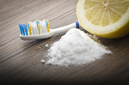 white teeth with lemon and baking sodaの写真素材