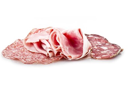 Mix of various Italian salami on whiteの写真素材