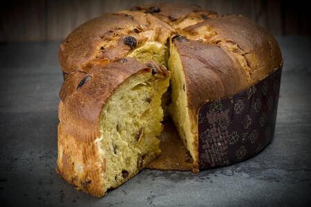 Panettone, sweet typical Italian Christmas on holiday backgroundの写真素材