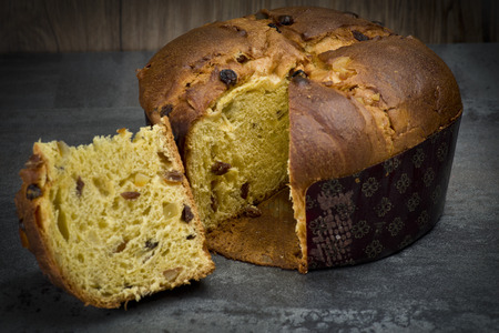 Panettone, sweet typical Italian Christmas on holiday backgroundの写真素材