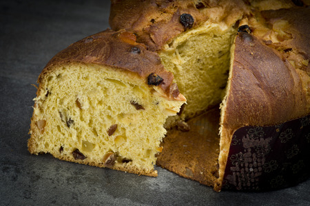 Panettone, sweet typical Italian Christmas on holiday backgroundの写真素材