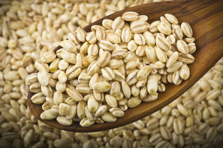 Spoon of Pearl barley close up on a tableの写真素材