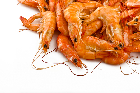 Group of fresh raw shrimp with lemon sliceの写真素材