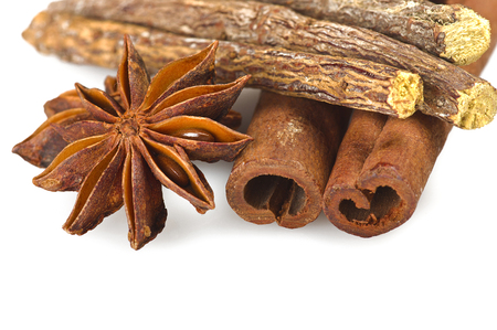 Cinnamon stick Licorice and Star Anise on the whiteの写真素材