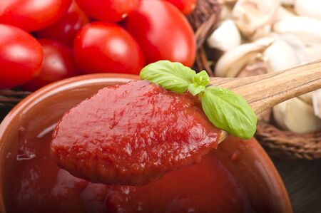 wooden spoon with tomato sauce and basilの写真素材