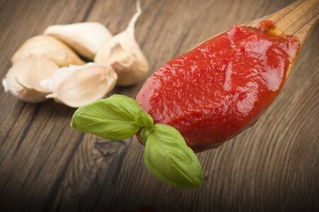 wooden spoon with tomato sauce and basilの写真素材