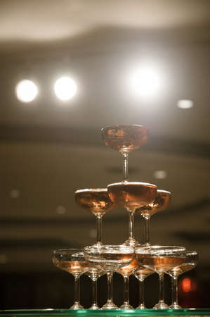 small tower of champagne's glass in wedding reception partyの写真素材