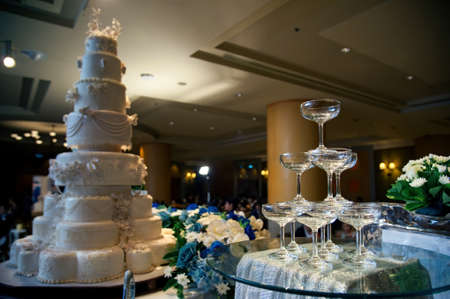 small tower of champagne's glass in wedding reception party