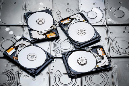 a shot of many hard drive with cover removed to show magnetic disc inside