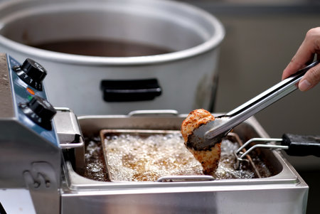 close up shot of a hand with steel tong  cooking the deep frying chicken breast in boiling oil