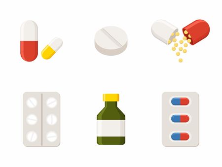 Medicine icons - Pills, Capsules and Prescription Bottle. Drugs illustration.のイラスト素材