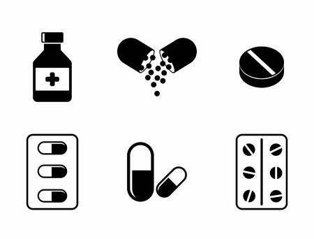 Medicine icons - Pills, Capsules and Prescription Bottle. Drugs illustration.のイラスト素材