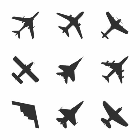 Airplane icons set: passenger plane, fighter plane and screw. Vector Illustration.のイラスト素材