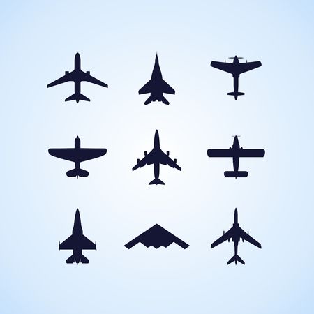 Airplane icons set: passenger plane, fighter plane and screw on blue background. Vector Illustration.のイラスト素材