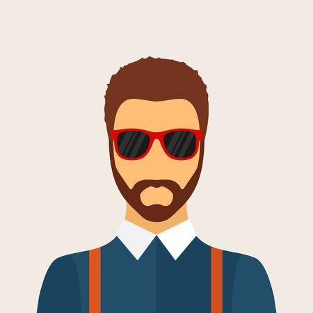 Hipster man character with beard, hairstyle and glasses in flat style. Stylish young guy on background. Hipster avatar icon. Vector illustrationのイラスト素材