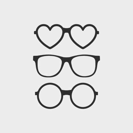 Set of custom glasses icons. Modern fashion glasses in flat style. Hipster sunglasses isolated on gray backgroundのイラスト素材