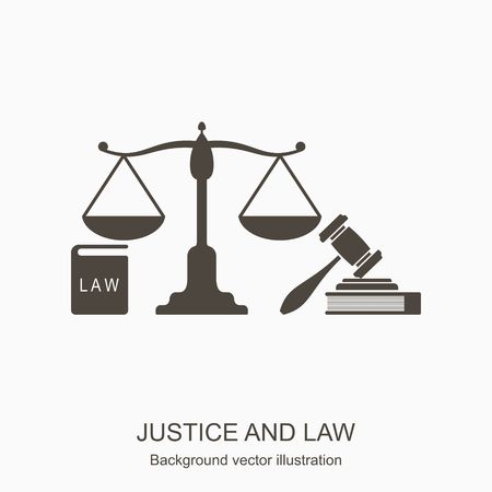 Law and justice icons. Scales of justice, gavel and books n flat style. Concept justice and law icon isolated on gray background. Vector illustrationのイラスト素材