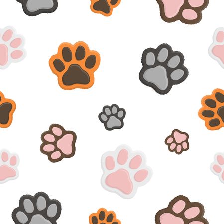 Seamless animal pattern Paw footprint in flat cartoon style. Cat paws on white background.のイラスト素材