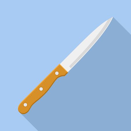 Kitchen knife cutter with handle sharp blade cook in flat style. Knife icon steel vector kitchenware cooking equipment isolated on blue background with shadow.のイラスト素材