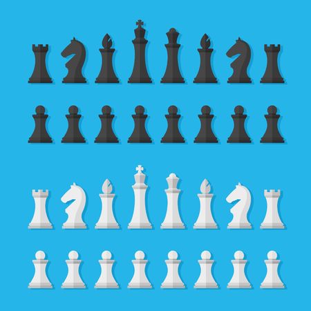 Set black and white chess pieces isolated on blue background. Chess pieces including the king, queen, bishop, knight, rook and pawn in flat style.のイラスト素材