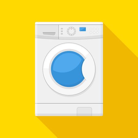 Washing machine icon isolated on yellow background. Equipment housework laundry wash clothes. Washer icon in flat style.のイラスト素材