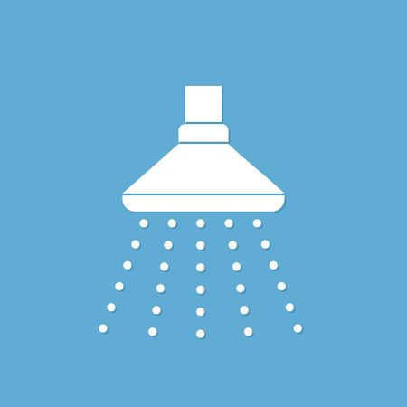 White shower icon isolated on blue background. Shower with water drops symbol icon un flat style.のイラスト素材