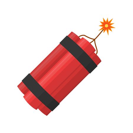 Dynamite bomb explosion with burning wick detonate isolated on white background.  dynamite bomb with sparkle danger explosive weapon in flat style. Aggression terrorism.のイラスト素材