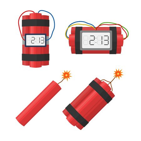 Set dynamite bombs explosion with timer detonate and wire, dynamite with burning wick isolated on white background. dynamite bomb danger explosive weapon in flat style. Aggression terrorism.のイラスト素材