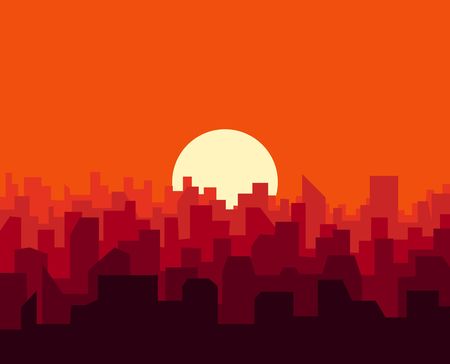 City sunset skyline urban landscape. Cityscape silhouette in flat styleのイラスト素材