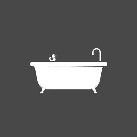 Bathtub icon and bath rubber duck icon isolated on dark background. Bath time vector illustrationのイラスト素材