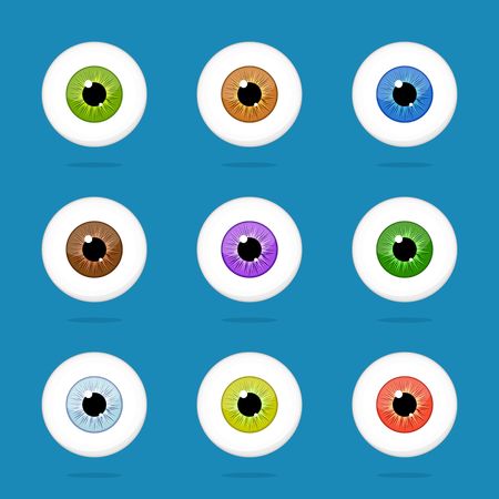 Human eyes set isolated on blue background. Colorful eyeballs iris pupils vector Illustrationのイラスト素材