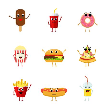 Set of funny fast food characters isolated on white background. Cute cartoon fastfood menu icons in flat style vector illustration.のイラスト素材