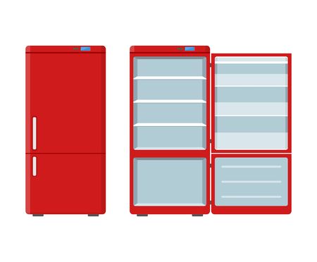 Red household appliances fridge open and closed isolated on white background. Electronic device refrigerator. Home appliance freezer vector illustration.のイラスト素材