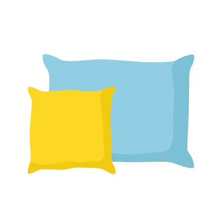 Blue and yellow pillows isolated on white background. Comfortable bed cushion pillow and bedding cloth. Vector Illustrationのイラスト素材