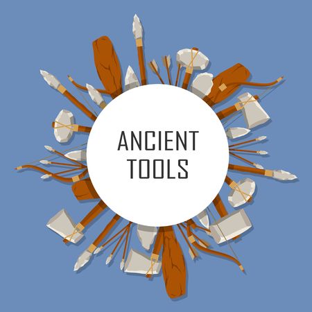 Ancient tools set tound with space for text on blue background. Hunting and military weapon banner prehistoric man. Primitive culture tool in flat style. Round template. Vector illustration.のイラスト素材