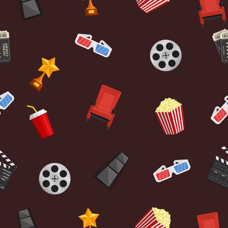 Cinema icons seamless pattern on brown background. Vector Illustrationの写真素材