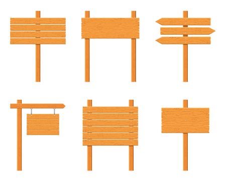 Wooden signboards set isolated on white background. Signs and symbols to communicate a message on street or road, emblems of signages. Banner template with wood texture. Vector illustrationのイラスト素材